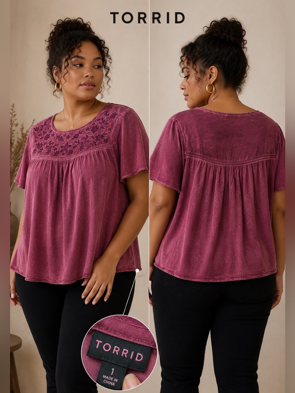 Torrid Size 1 Berry Embroidered Peasant Blouse Boho Flutter Sleeve Rayon Top N